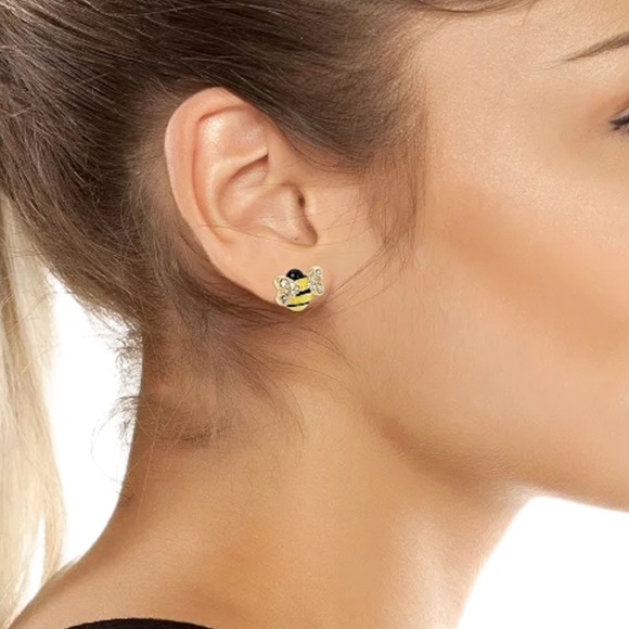 Betsey Johnson Bee Crystal Stud Earrings Yellow Black Gold Tone NWT - Picture 3 of 6